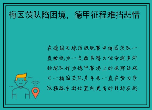 梅因茨队陷困境，德甲征程难挡悲情