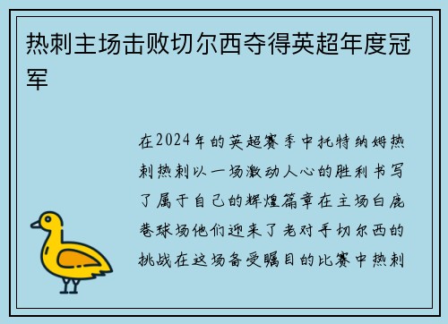 热刺主场击败切尔西夺得英超年度冠军