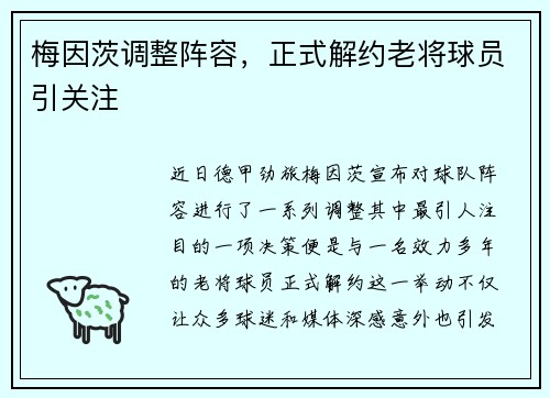 梅因茨调整阵容，正式解约老将球员引关注