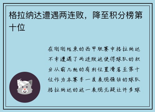 格拉纳达遭遇两连败，降至积分榜第十位