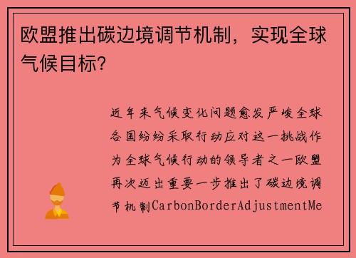 欧盟推出碳边境调节机制，实现全球气候目标？