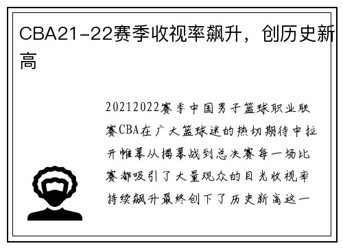 CBA21-22赛季收视率飙升，创历史新高