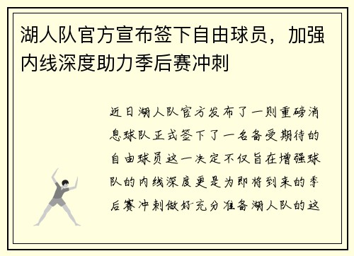 湖人队官方宣布签下自由球员，加强内线深度助力季后赛冲刺