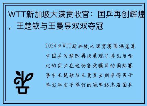 WTT新加坡大满贯收官：国乒再创辉煌，王楚钦与王曼昱双双夺冠