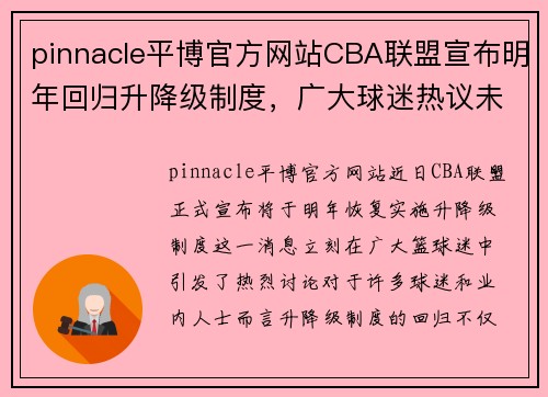 pinnacle平博官方网站CBA联盟宣布明年回归升降级制度，广大球迷热议未来格局如何变化 - 副本