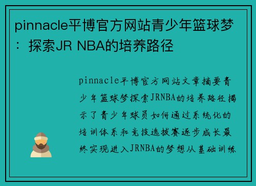 pinnacle平博官方网站青少年篮球梦：探索JR NBA的培养路径