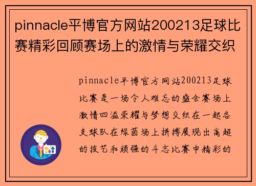 pinnacle平博官方网站200213足球比赛精彩回顾赛场上的激情与荣耀交织让我们一起重温难忘瞬间